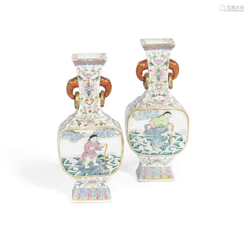 Qianlong seal marks, 19th century A pair of moulded famille rose 'Liu Hai' bottle vases