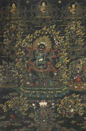 Tibet, 19th century A black-ground thangka of six-armed mahakala