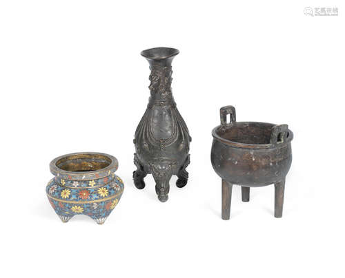 16th/17th century to 19th century A bronze 'elephant' vase, a bronze tripod incense burner and a cloisonné enamel tripod incense burner