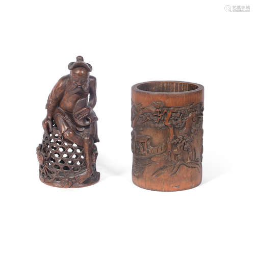 19th century A bamboo carving of a fisherman and a bamboo brush pot, bitong