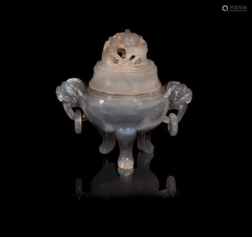 19th century An agate tripod incense burner and cover