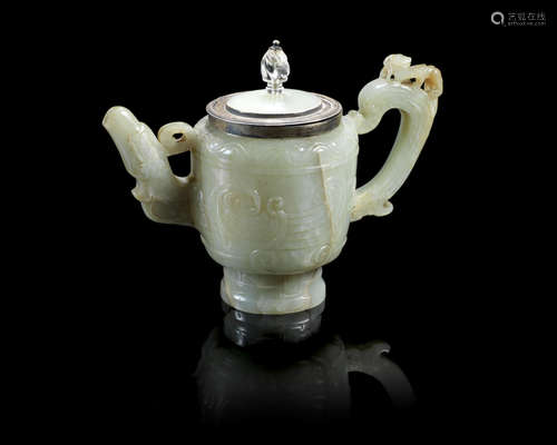 17th/18th century, the cover and silver mounts later A green jade archaistic 'phoenix' tea pot