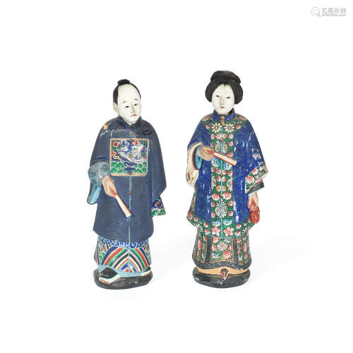 19th century A pair of Chinese export painted plaster 'nodding' figures