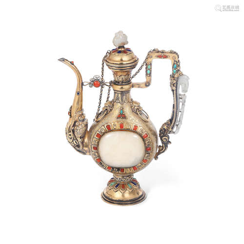 The ewer late 19th century, the jade 18th/19th century A green jade and hardstone-inset gilt-silver alloy ewer