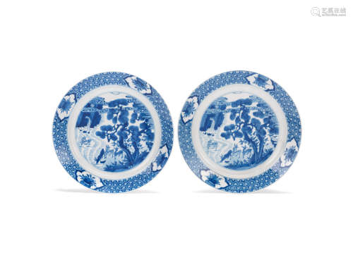 Kangxi six-character marks and of the period A pair of blue and white 'deer' dishes