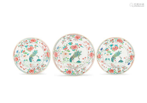 Qianlong A set of three famille rose 'twin peacock' dishes