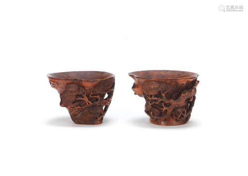 17th/18th century Two bamboo 'pine trunk' libation cups