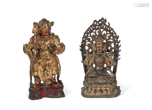 16th/17th century A gilt-lacquered bronze figure of a Buddhist Guardian King and a git-lacquered bronze figure of Amitayus