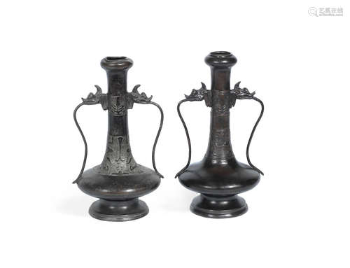 Qing Dynasty or earlier A matched pair of bronze bottle vases