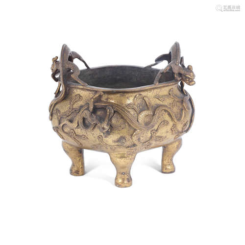 19th century A gilt-bronze 'dragon' tripod incense burner