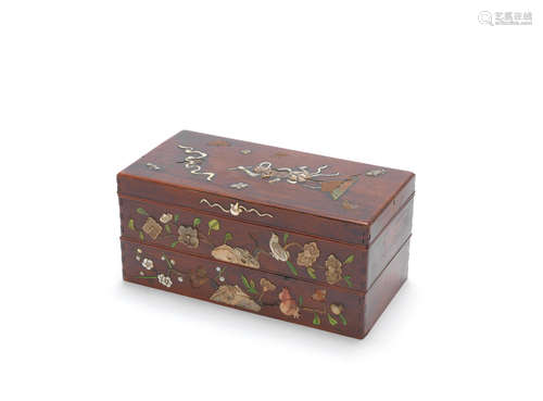 Qing Dynasty A hardstone, mother-of-pearl and ivory-inlaid two-tiered rosewood box and cover