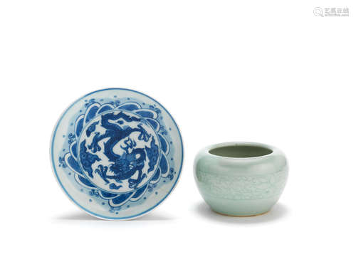 Yongzheng six-character mark, 18th century and Qing Dynasty A blue and white 'dragon' dish and a celadon-glazed bowl