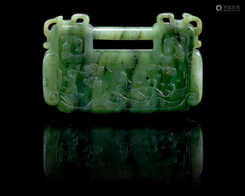 Qing Dynasty A spinach green jade lock-form plaque