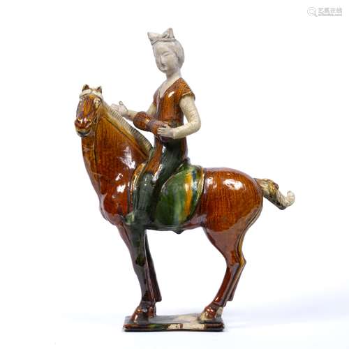 Tang style glazed horse and rider Chinese the female figure holding a drum 31.5cm high