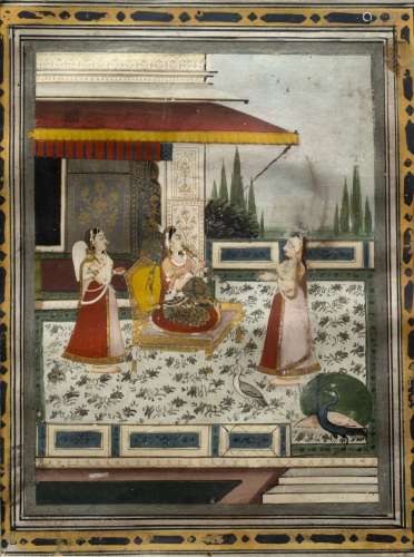 Set of three miniatures Indian, 17th/18th Century Moghul princess and attendants 21cm x 15cm