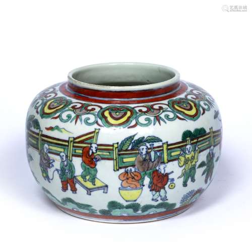 Famille verte jar Chinese decorated with boys in a pagoda playing various games, with painted mark