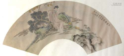 Chinese School pair of fan studies, watercolour on silk, each depicting a girl in a rocky landscape,