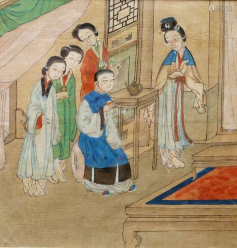 Four watercolours on silk Chinese, c1860 illustrations after the novel 