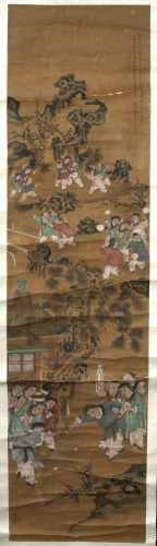 Four scrolls Chinese, 19th/early 20th Century painted the Ming style with various scenes including