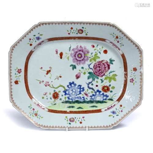 Famille rose platter Chinese, circa 1800 with central painted blossom and flower sprays 37cm x 29.