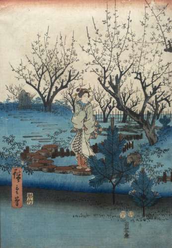 Utagawa Hiroshige Japanese, c1853 Woman in orchard with 