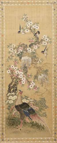 Pair of silk panels Chinese depicting a sparrow hawk looking down at various sparrows amongst cherry