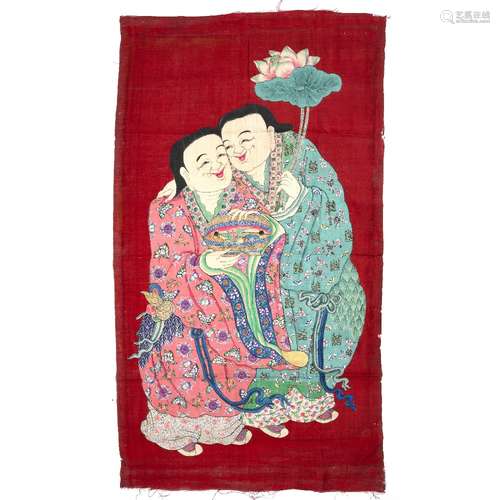 Red ground Kesi large panel Chinese, circa 1900 depicting the genii of harmony with long life