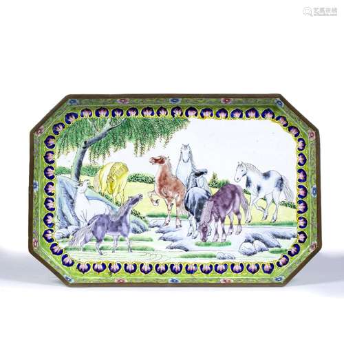 Canton enamel tray Chinese, 20th Century depicting nine horses at a river drinking 25.5cm across