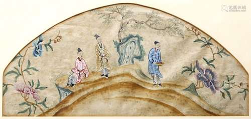 Pair of fan studies Chinese 19th Century each painted on silk with various figures and birds in a