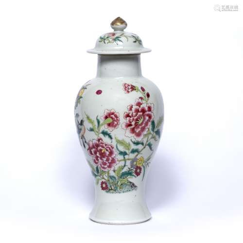 Famille rose vase and cover Chinese, 19th Century painted with flowering peonies 28cm