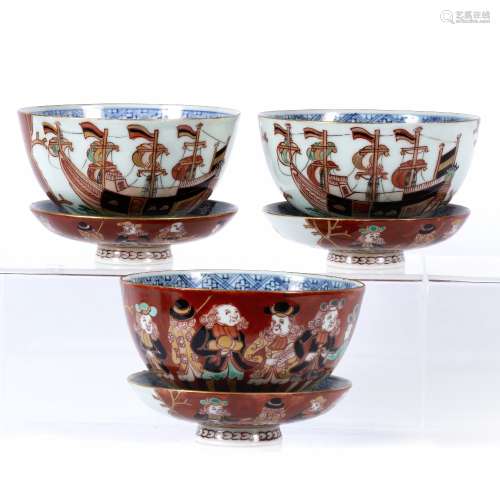Three Dutch decorated bowls and covers Japanese, 19th Century each painted with three masted sailing