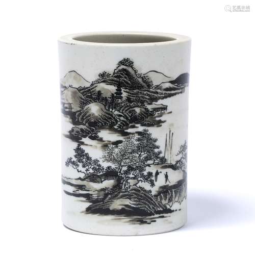 Biscuit ware cylindrical bitong Chinese decorated in sepia enamel with a house and two travellers