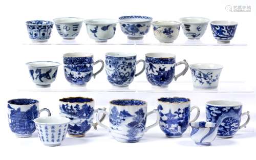 Group of blue and white coffee cups and tea bowls Chinese 18th/19th Century variously decorated with