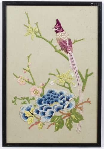 Three drawings on silk Chinese, 20th Century watercolours, each depicting birds and flowers together