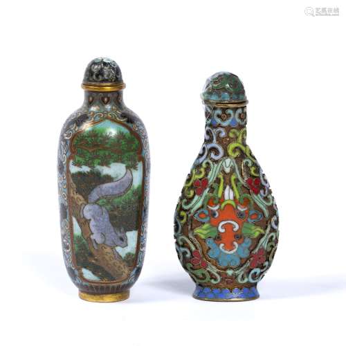 Two cloisonne snuff bottles Chinese one decorated with a squirrel the other with scrolling motifs