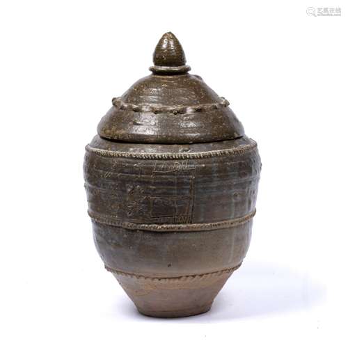 Glazed lidded granary pot Chinese, Song Dynasty with incised inscription to the side 58.5cm high