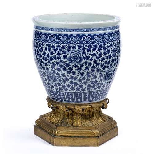 Blue and white goldfish jardiniere Chinese, 19th Century decorated with a Ming style lotus and