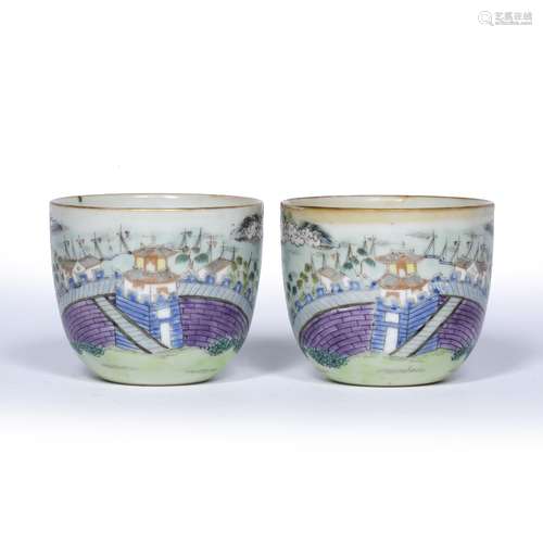 Pair of porcelain cups Chinese, Jiaqing mark and period (1796-1820) decorated with a landscape and