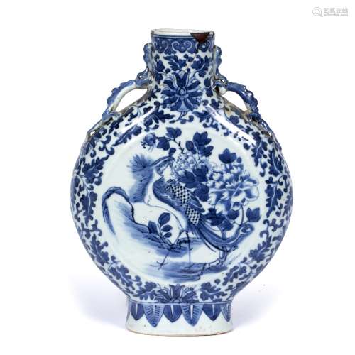 Blue and white moon flask Chinese, 19th Century with a central plaque depicting a pheasant and two