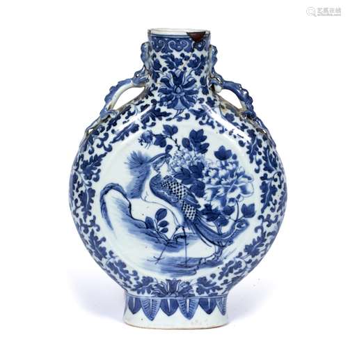 Blue and white moon flask Chinese, 19th Century with a central plaque depicting a pheasant and two