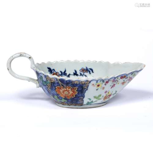 Tobacco leaf sauce boat Chinese, circa 1775 the inside with blue and red prunus branches centring