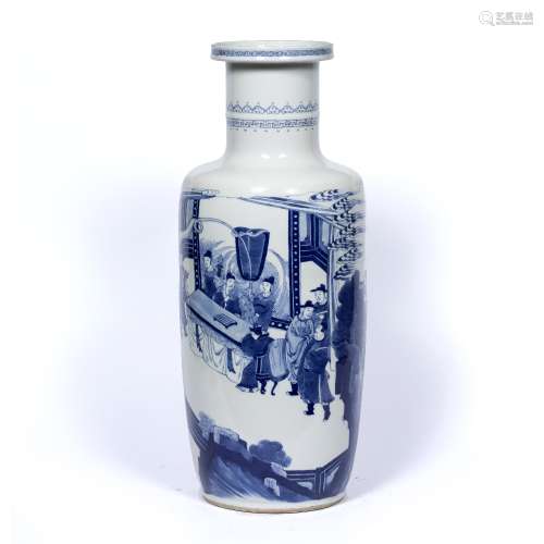 Blue and white rouleau vase Chinese, depicting a figure fighting a dragon, and the