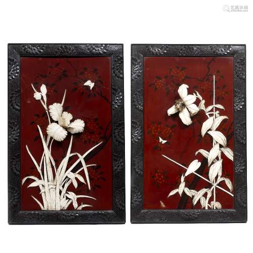 Pair of lacquer and bone panels Japanese, circa 1900 in the form of opening flower heads and