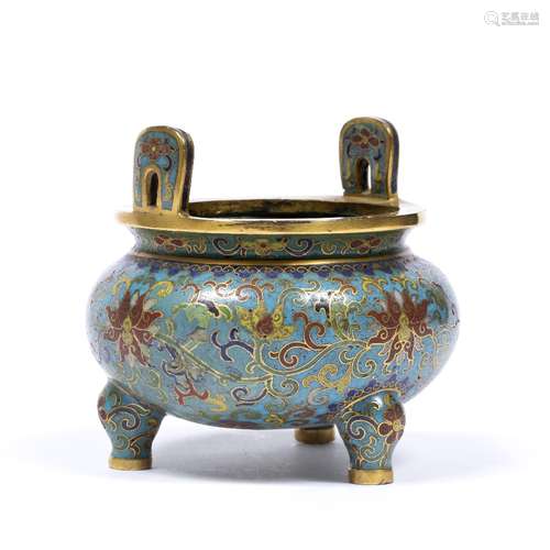 Cloisonne enamel two handed ting Chinese the squat globular body decorated with an all over Indian