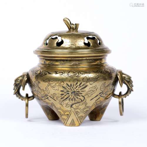 Bronze tripod censer Chinese, 19th Century having elephant head ring handles and engraved designs