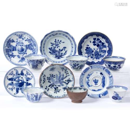Group of six tea bowls and saucers Kangxi and later including phoenix, foliate, figure and other