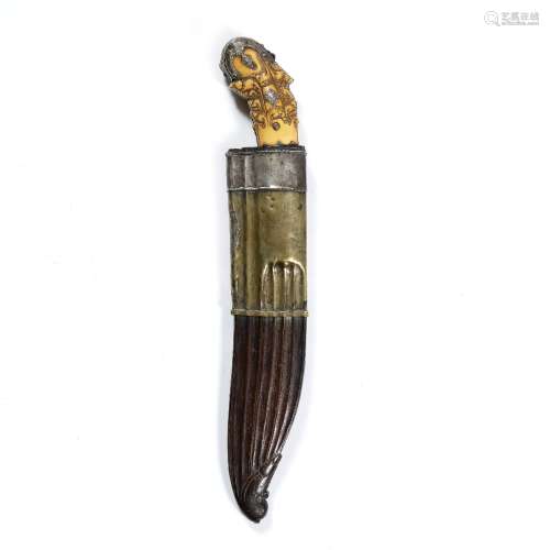 Small dagger Indian the handle made of ivory carved with scrolling design and mounted with white