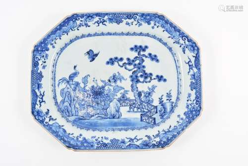 Blue and white large export charger Chinese, circa 1800 having garden scene with pine tree and two