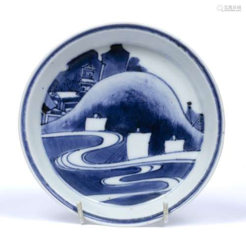 Imari dish Japanese, mid 17th Century blue and white, decorated with a landscape, Kin mark 15cm