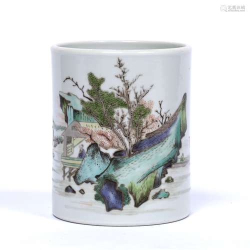 Famille vert brush pot Chinese, 19th/20th Century depicting a river scene with figures on a boat and